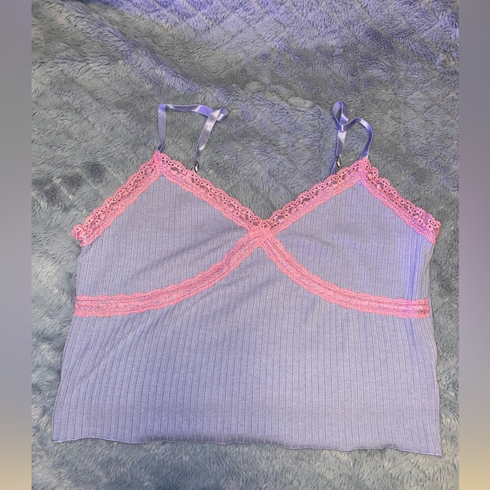 Cute purple tank top with pink lace trim!